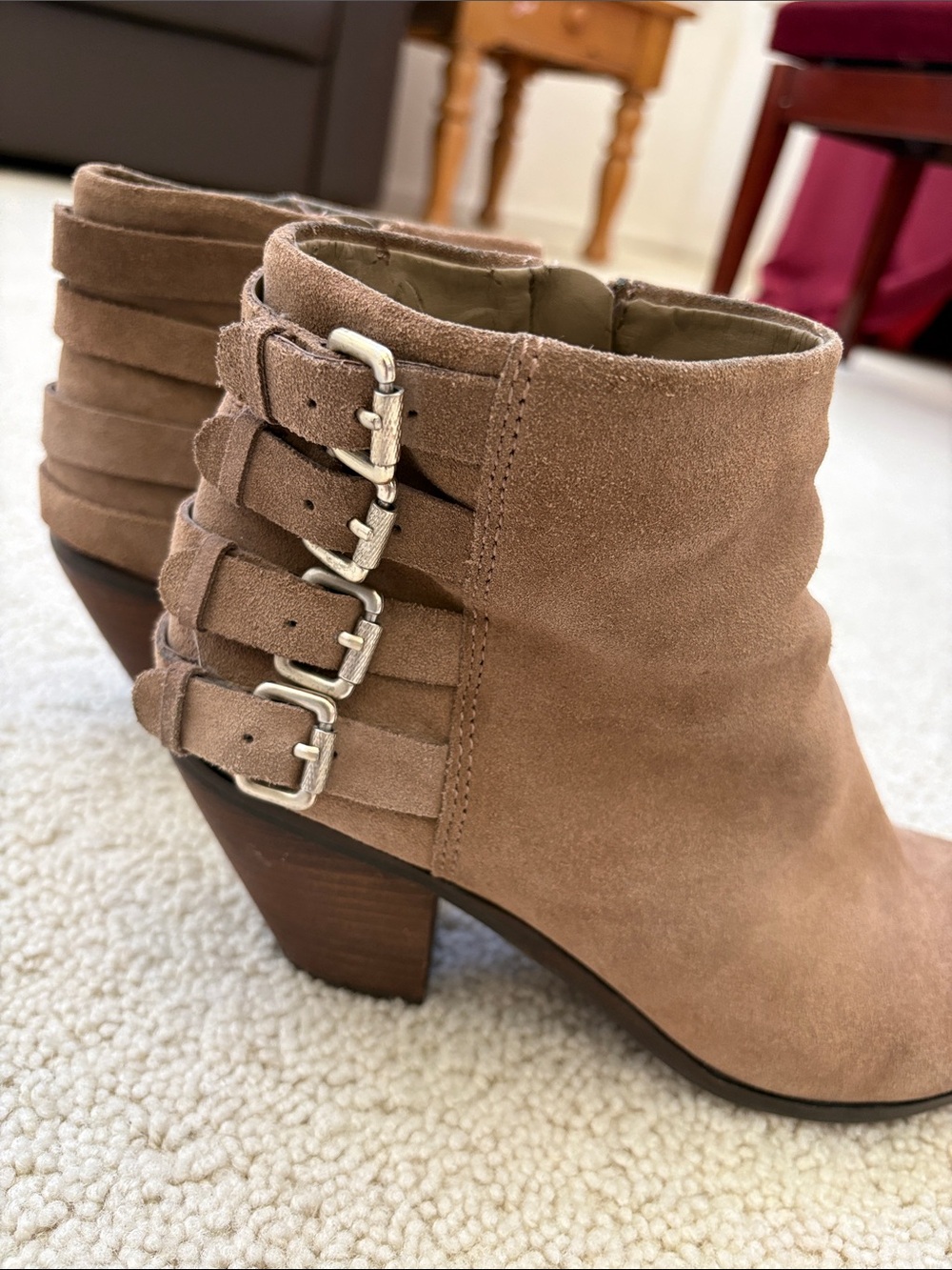 Sam Edelman Taupe Suede Buckle Fringe Ankle Booties